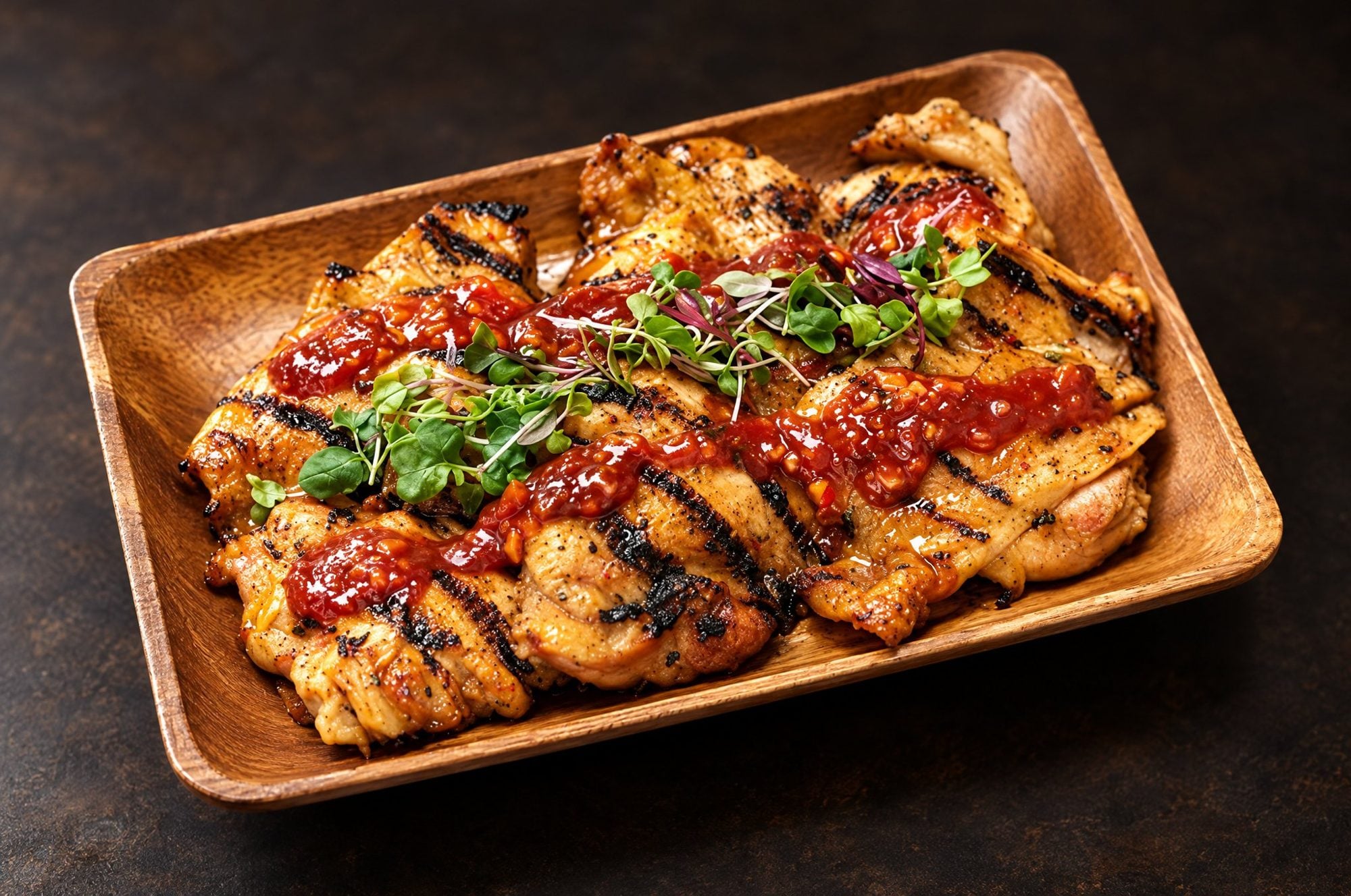 Grilled, glazed huli huli chicken in a wooden dish