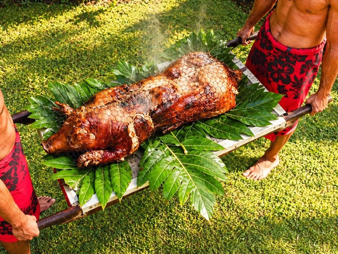 Whole imu-roasted puaʻa, still steaming, carried on a bed of ʻulu leaves