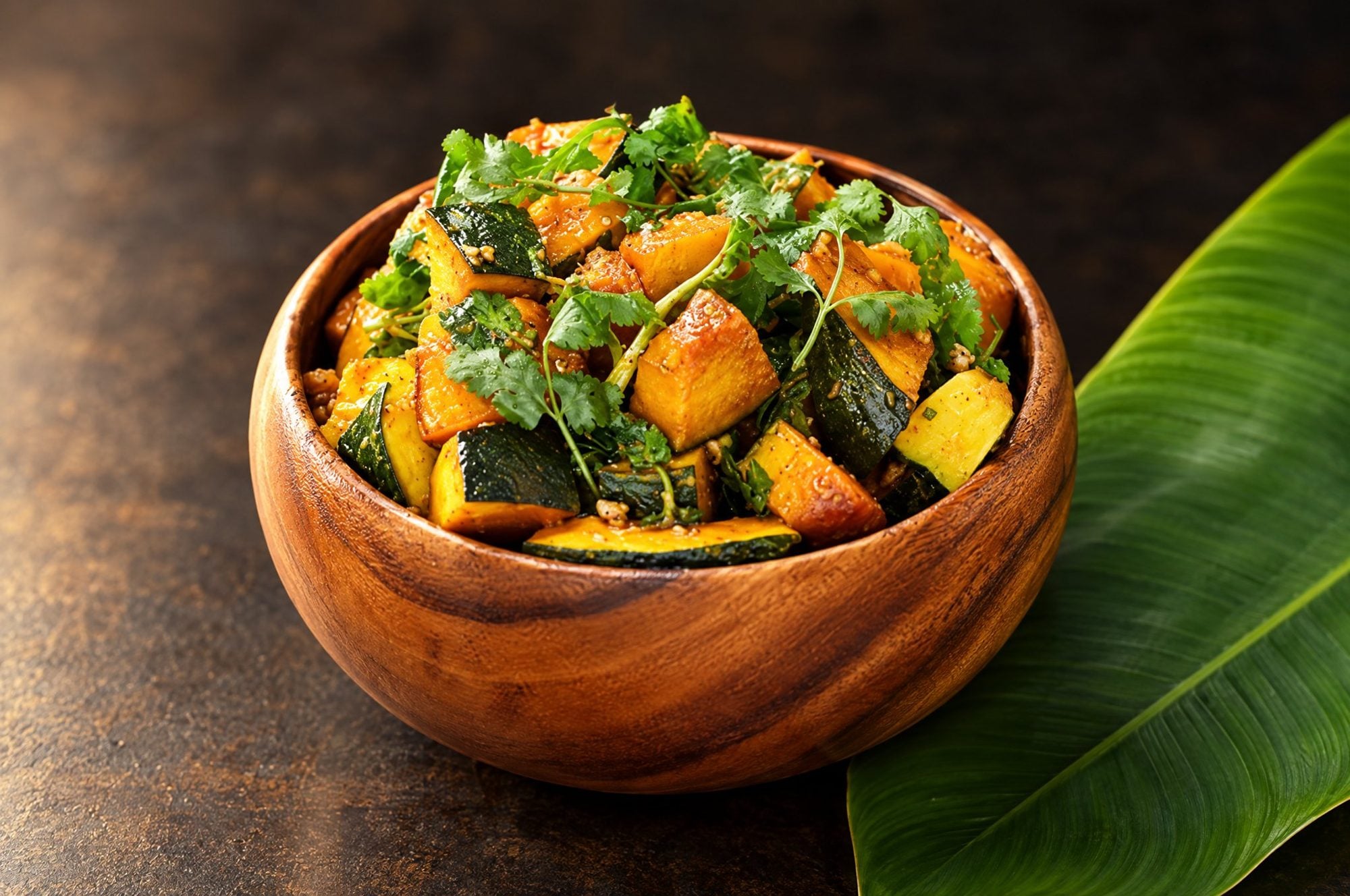 Kabocha pumpkin stir-fry in a wooden bowl
